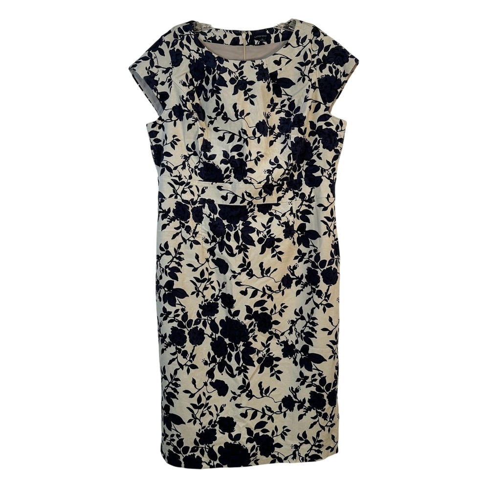Lands End Womens Size 16 Navy Blue Cream Floral Cotton Blend Sheath Dress - Picture 1 of 9